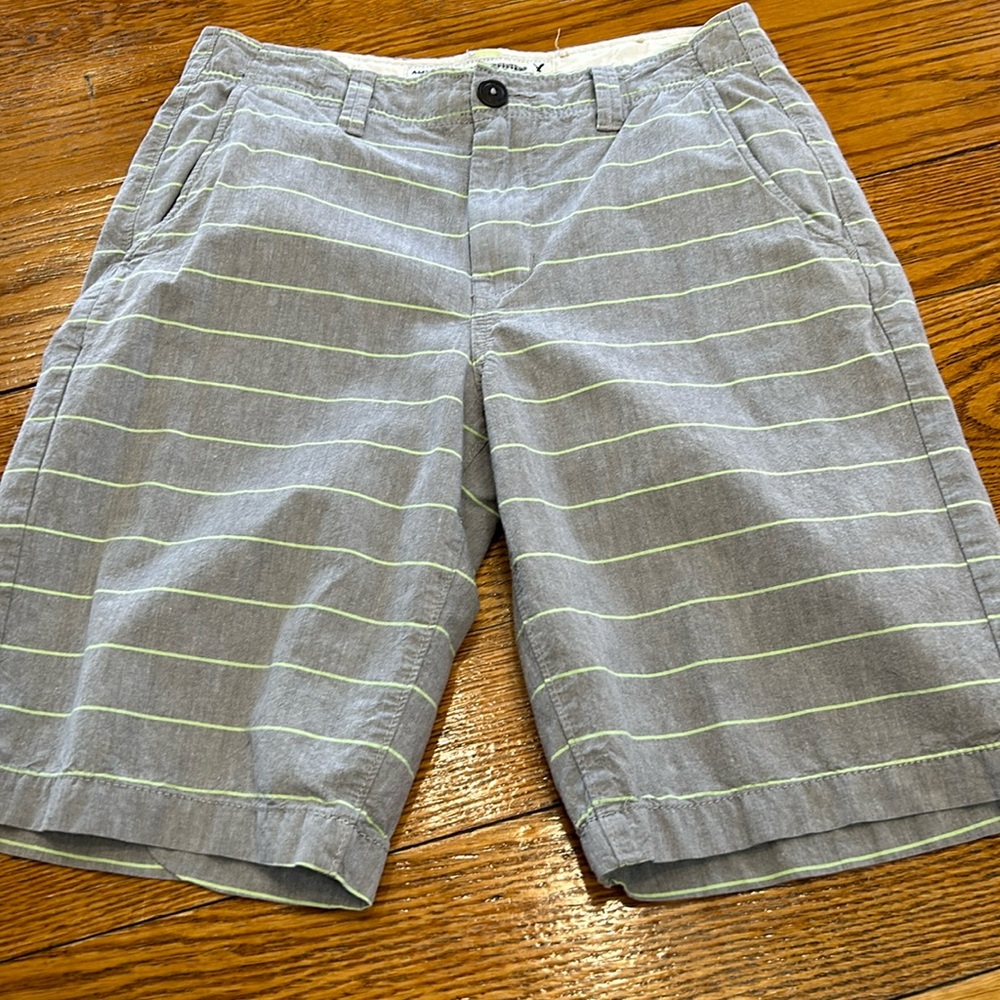 American Eagle Longboard style shorts. Gray with green stripe. Size 28 waist.
